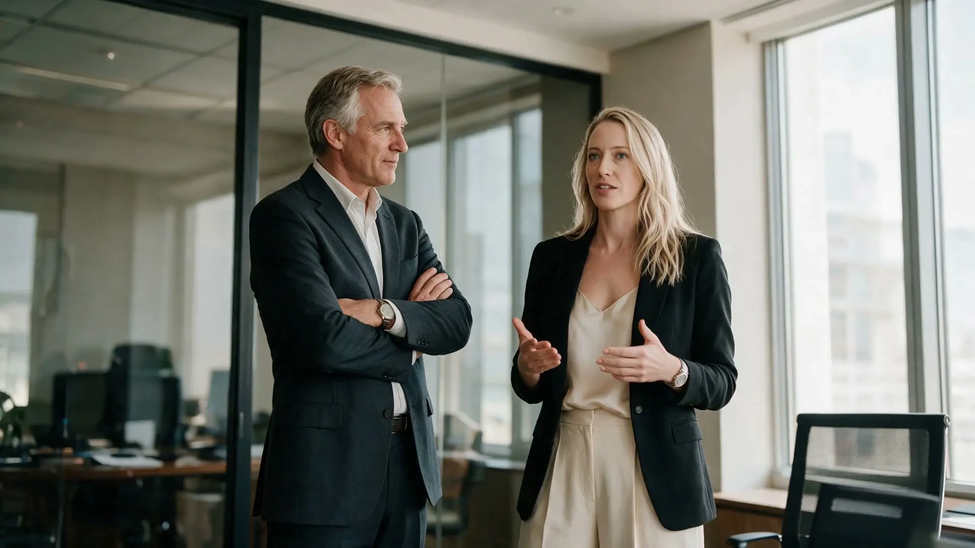 Genevieve briefing a senior executive in his office